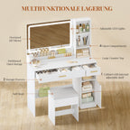 HEXCELEN dressing table with stool, large mirror, vanity table with 2 drawers, 4 open compartments and cabinet, for bedroom and dressing room, white,208103X