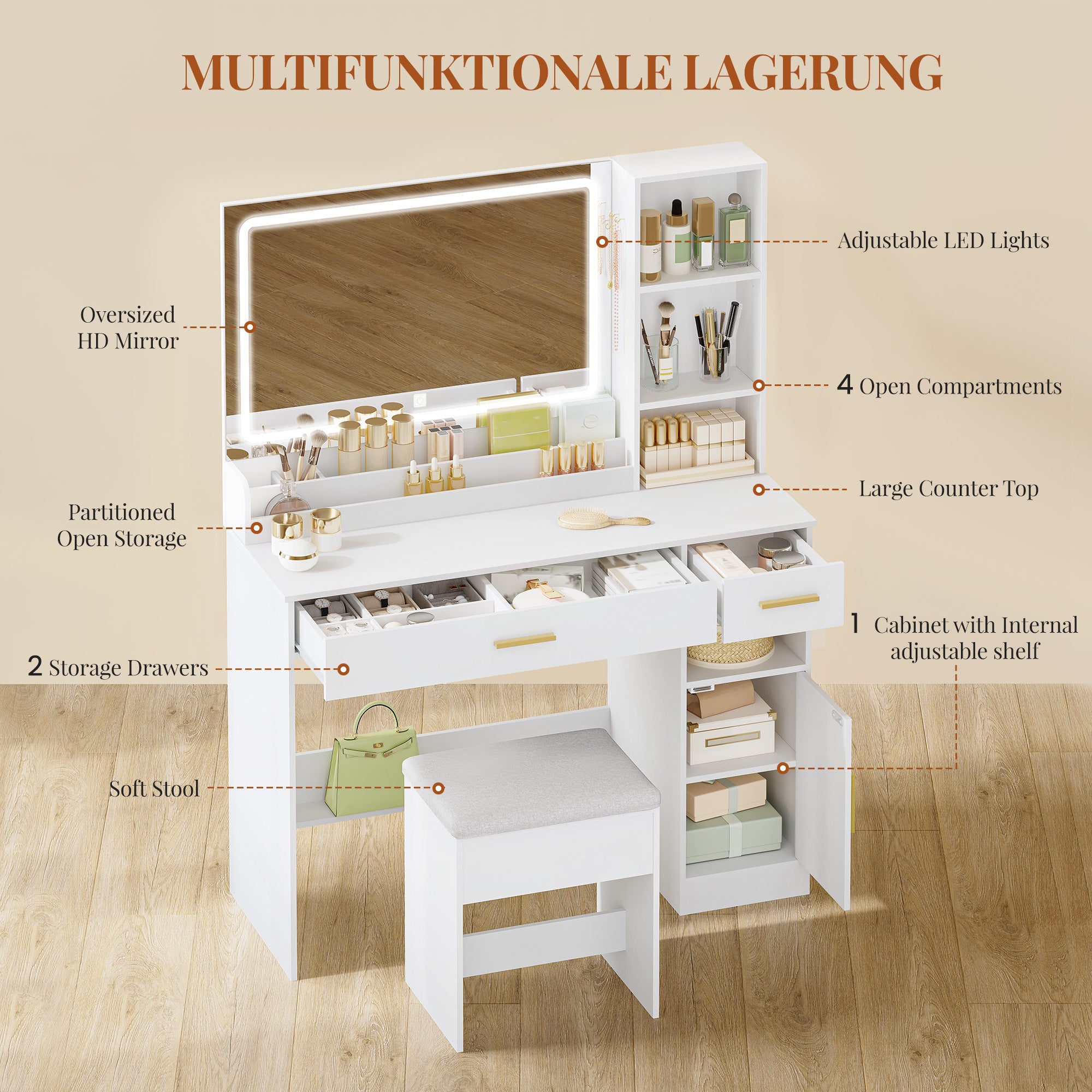 HEXCELEN dressing table with stool, large mirror, vanity table with 2 drawers, 4 open compartments and cabinet, for bedroom and dressing room, white,208103X