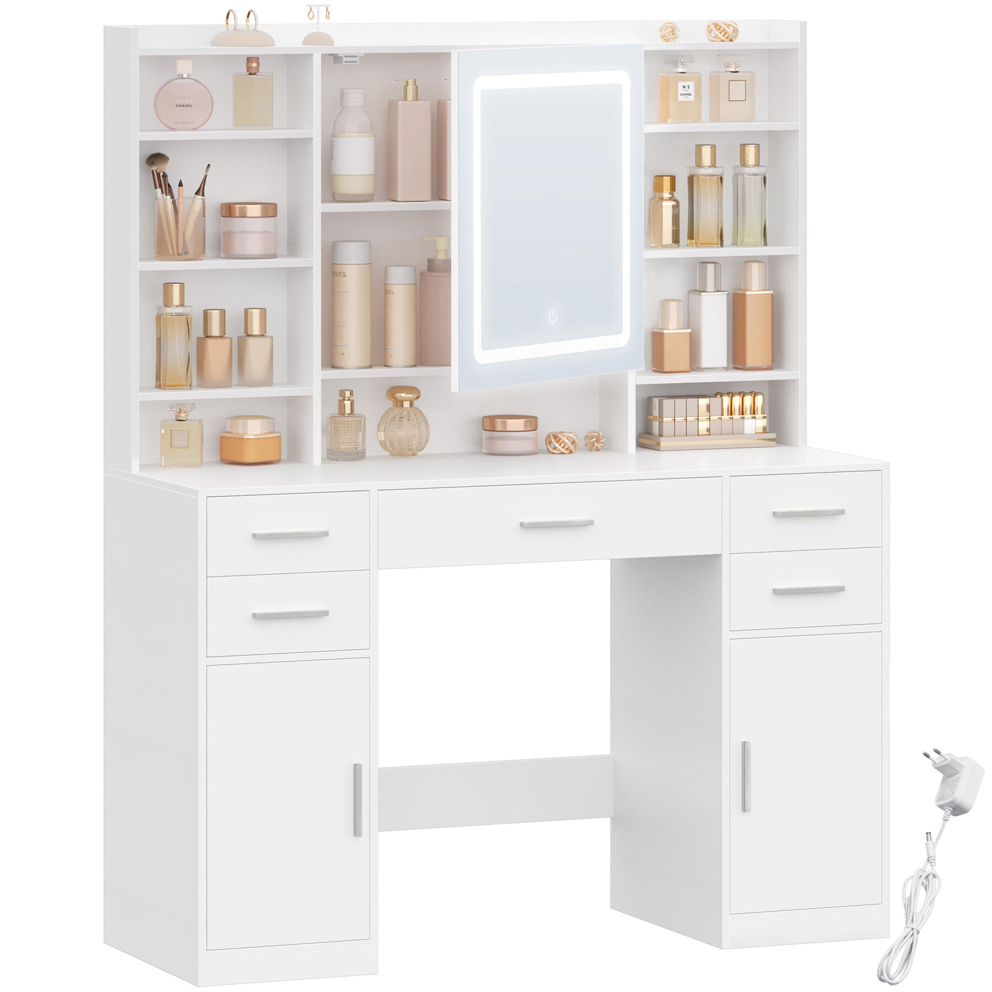 HEXCELEN dressing table with mirror, vanity, dressing table with 5 drawers, 2 drawers and 9 open compartments, hidden shelves, white,208203X