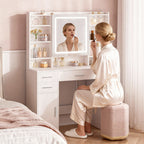 HEXCELEN dressing table with mirror, vanity, dressing table with 5 drawers, 2 drawers and 9 open compartments, hidden shelves, white,208203X