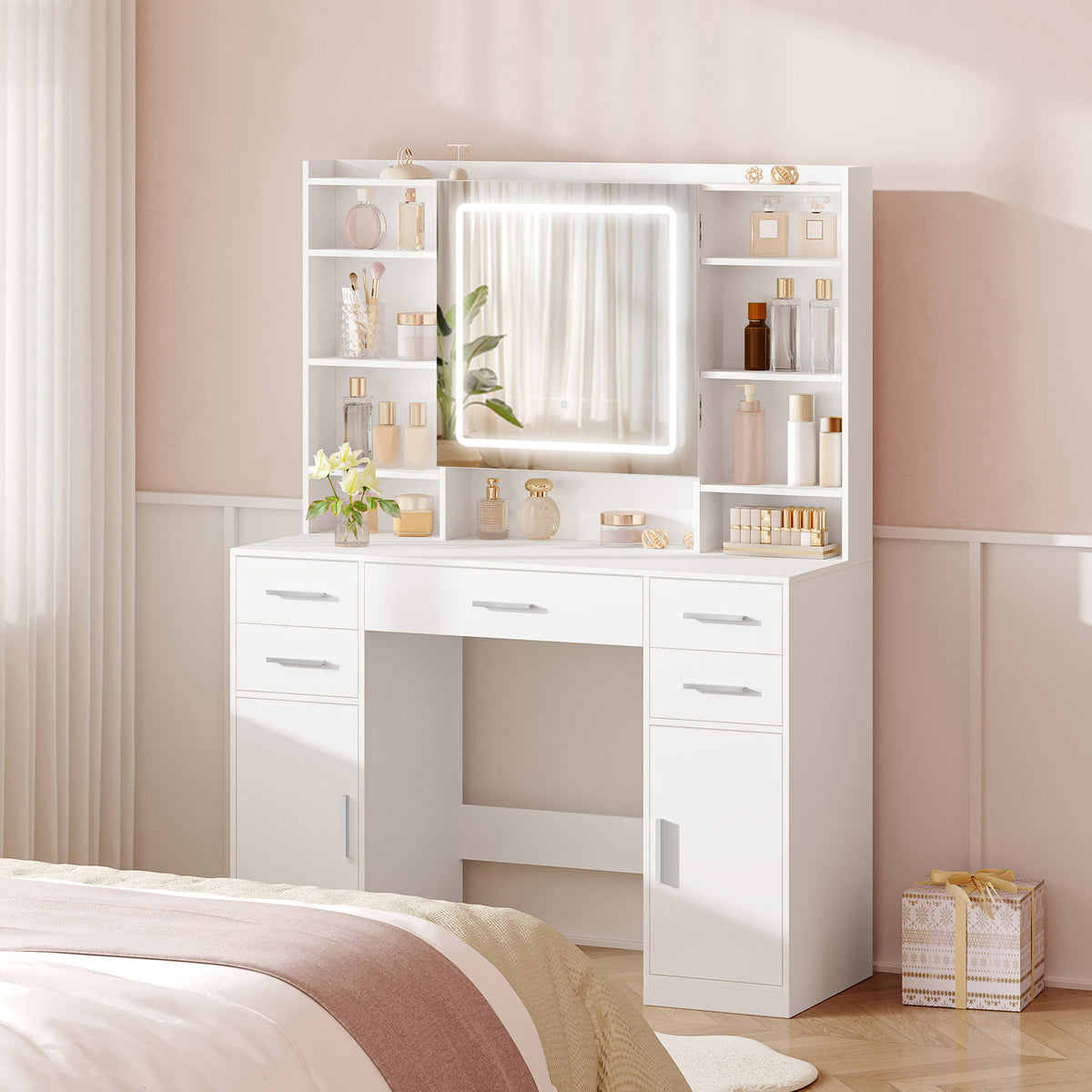 HEXCELEN dressing table with mirror, vanity, dressing table with 5 drawers, 2 drawers and 9 open compartments, hidden shelves, white,208203X
