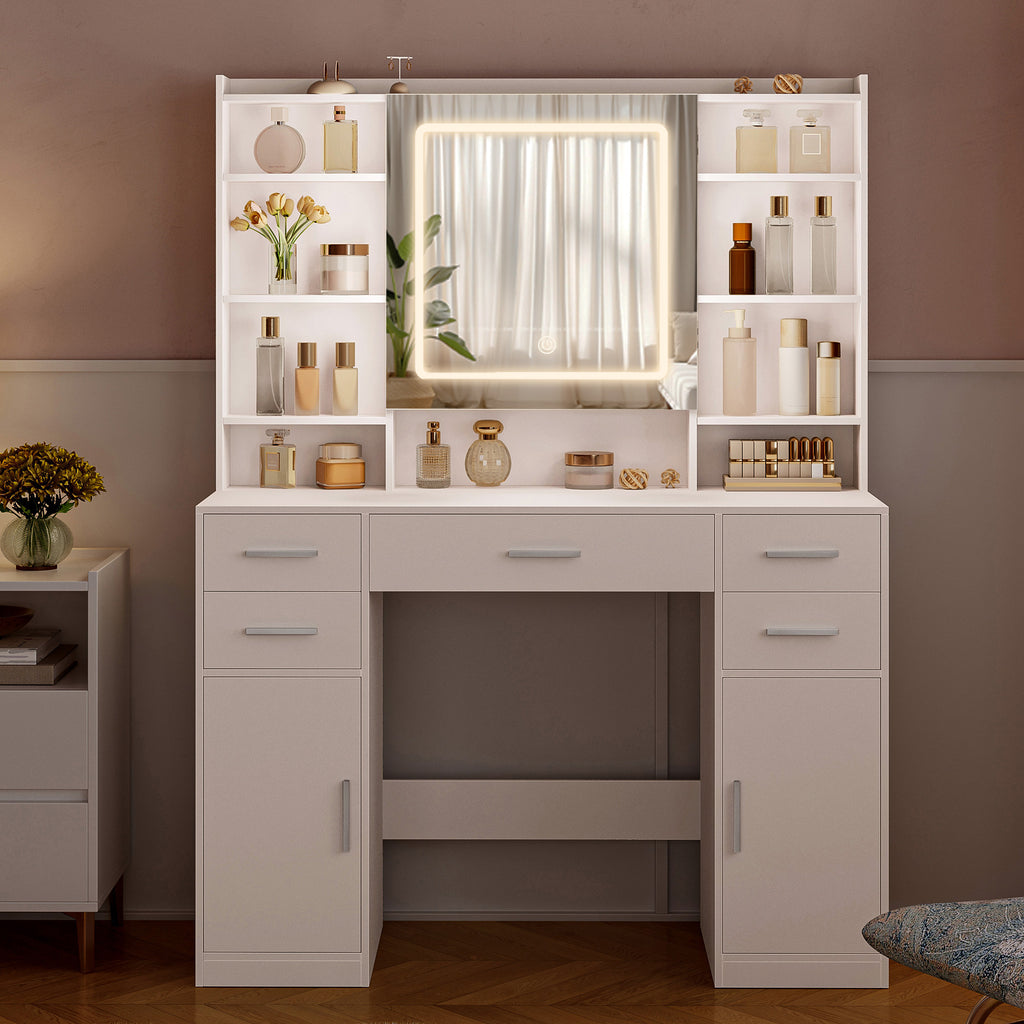 HEXCELEN dressing table with mirror, vanity, dressing table with 5 drawers, 2 drawers and 9 open compartments, hidden shelves, white,208203X
