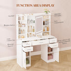 HEXCELEN dressing table with mirror, vanity, dressing table with 5 drawers, 2 drawers and 9 open compartments, hidden shelves, white,208203X