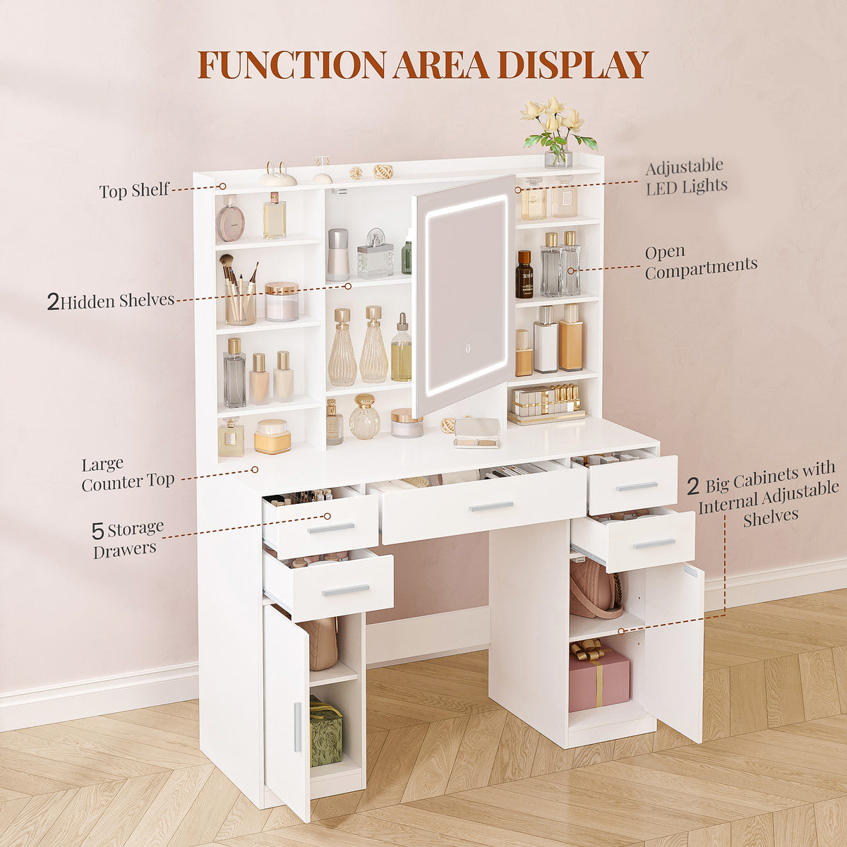 HEXCELEN dressing table with mirror, vanity, dressing table with 5 drawers, 2 drawers and 9 open compartments, hidden shelves, white,208203X