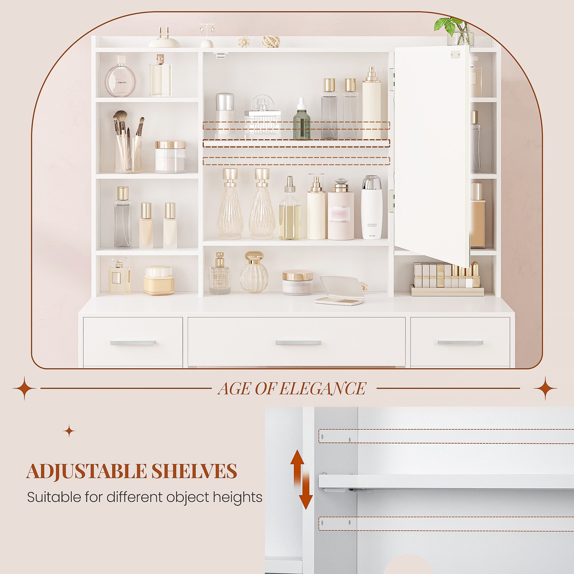 HEXCELEN dressing table with mirror, vanity, dressing table with 5 drawers, 2 drawers and 9 open compartments, hidden shelves, white,208203X