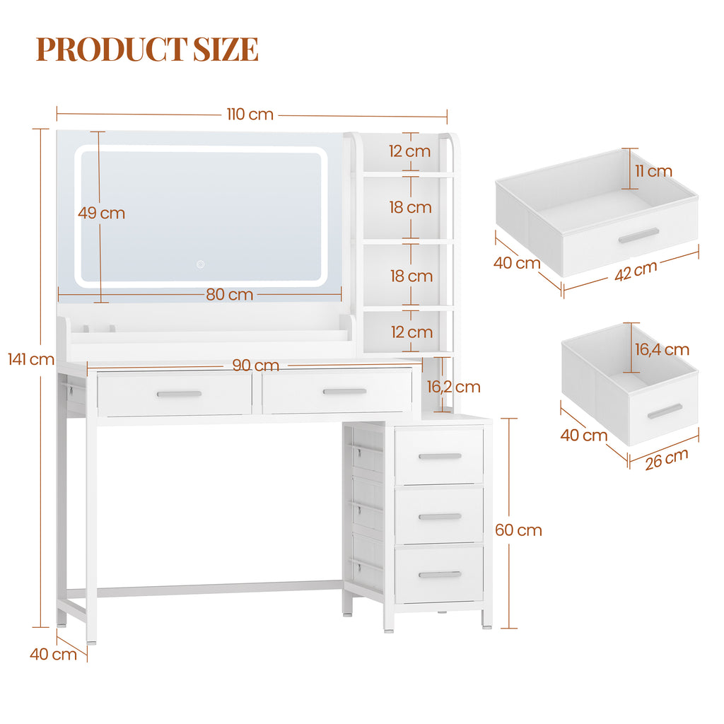 HEXCELEN dressing table, vanity table with large mirror, dressing table with 5 drawers, 5 open compartments, storage space in front of the mirror, white, 40 × 110 × 141 cm,210503W