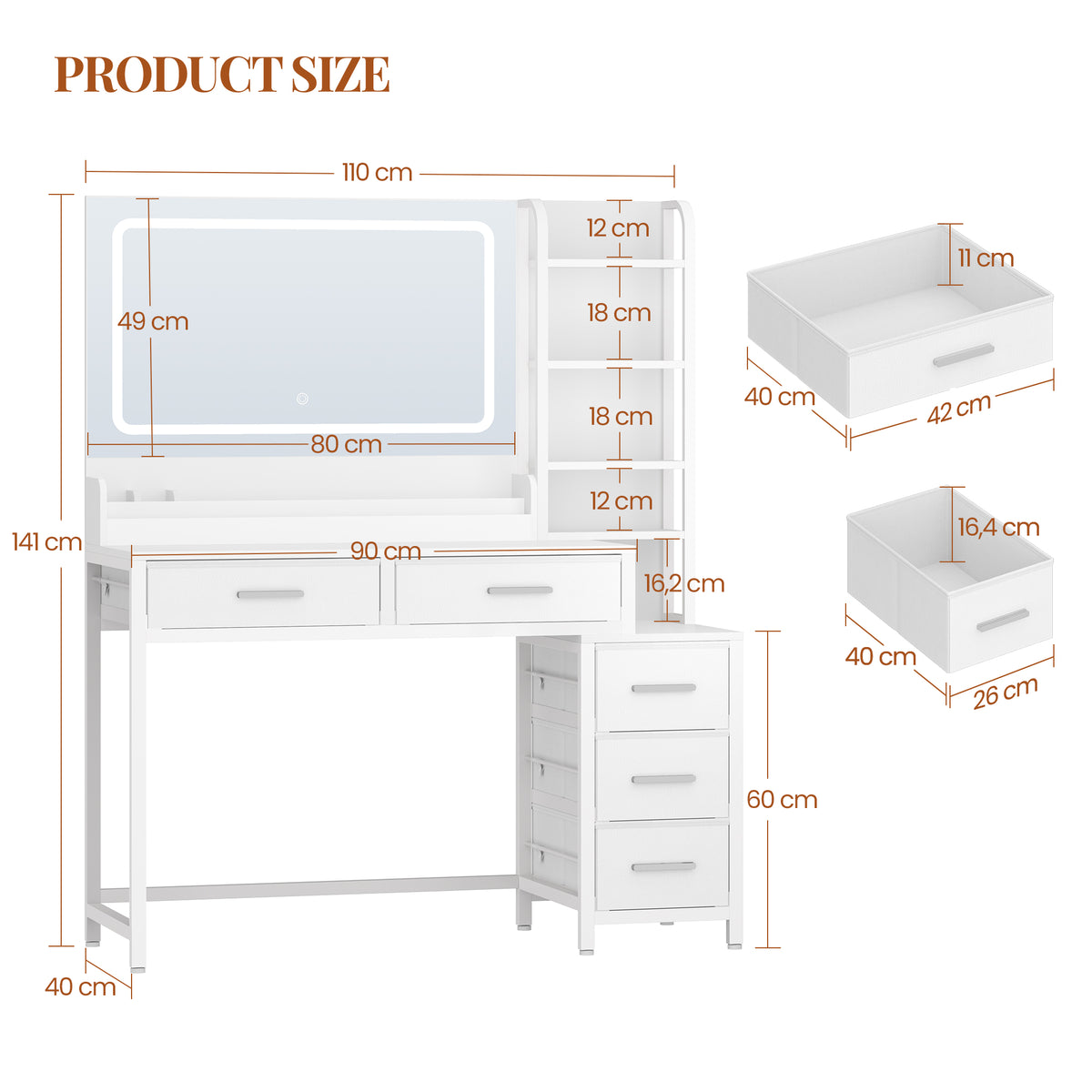 HEXCELEN dressing table, vanity table with large mirror, dressing table with 5 drawers, 5 open compartments, storage space in front of the mirror, white, 40 × 110 × 141 cm,210503W