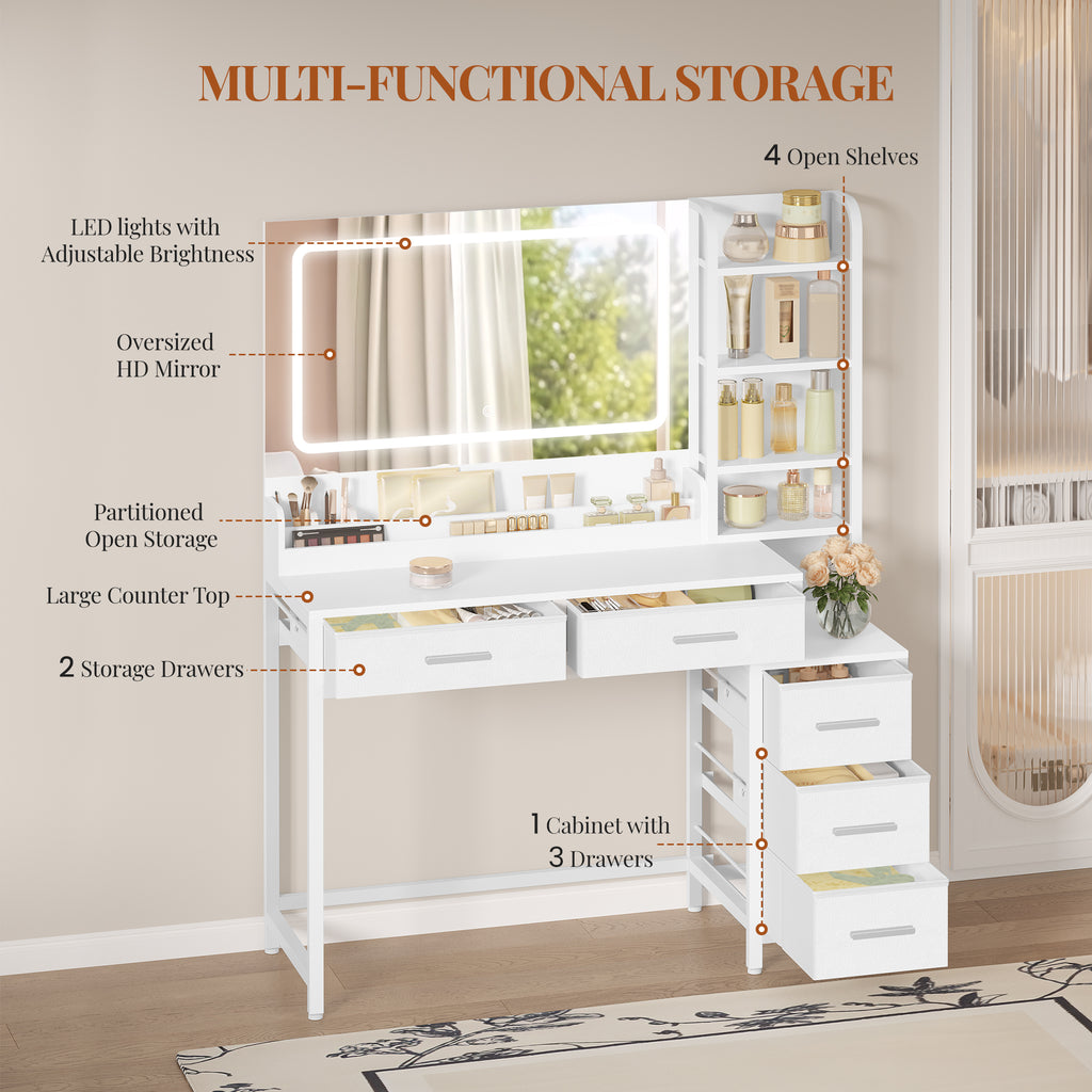 HEXCELEN dressing table, vanity table with large mirror, dressing table with 5 drawers, 5 open compartments, storage space in front of the mirror, white, 40 × 110 × 141 cm,210503W