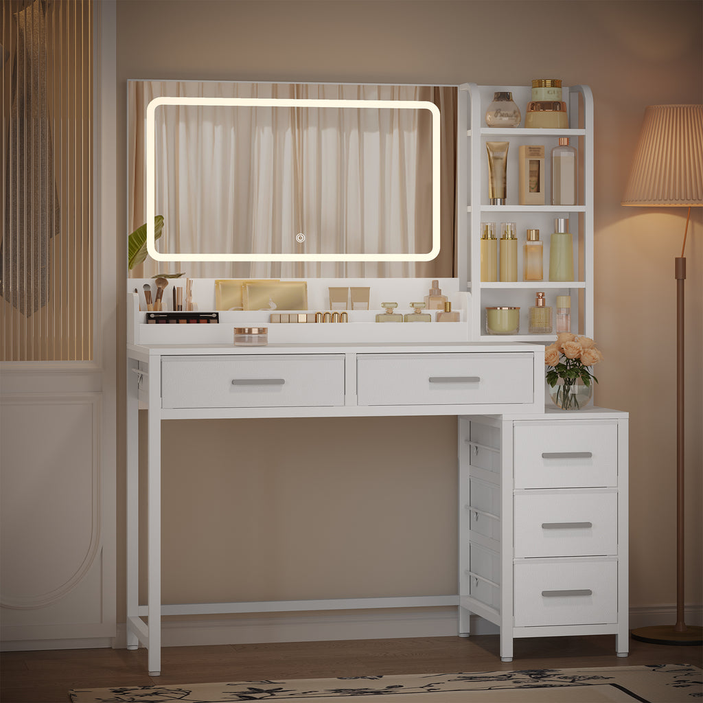 HEXCELEN dressing table, vanity table with large mirror, dressing table with 5 drawers, 5 open compartments, storage space in front of the mirror, white, 40 × 110 × 141 cm,210503W