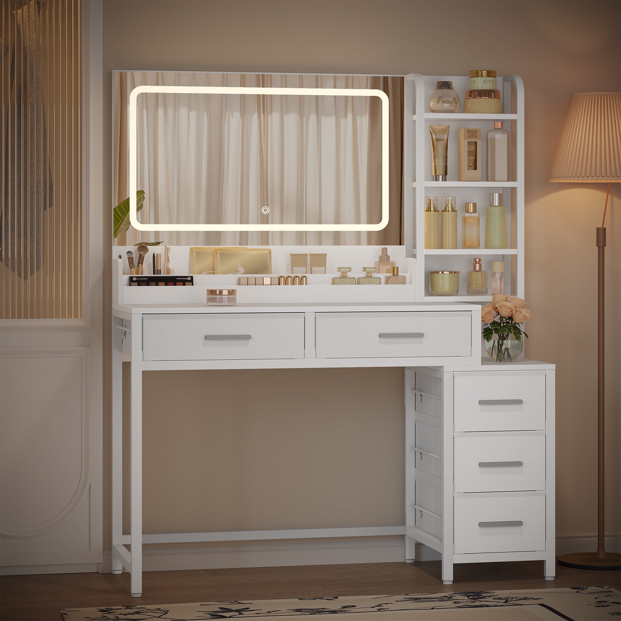 HEXCELEN dressing table, vanity table with large mirror, dressing table with 5 drawers, 5 open compartments, storage space in front of the mirror, white, 40 × 110 × 141 cm,210503W