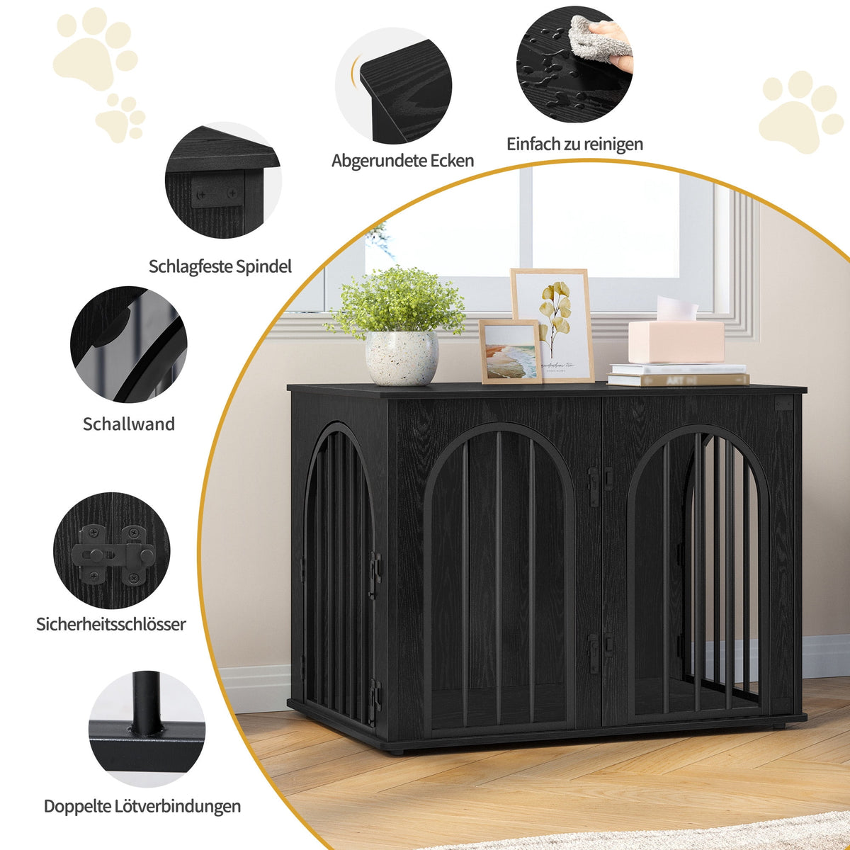 Hzuaneri Wooden Dog Crate Furniture, 31.5" Indoor Dog Kennel with Cushion, Dog Cage for Small Medium Dogs, Decorative Pet House Side End Table, Chew-Resistant, Black