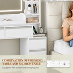 HEXCELEN Vanity Table with Large Mirror, Dressing Table and Hair Dryer Holder, 8 Drawers, Open Compartments, 135 × 40 × 145.2 cm, Modern White and Silver Vanity Table,235103X