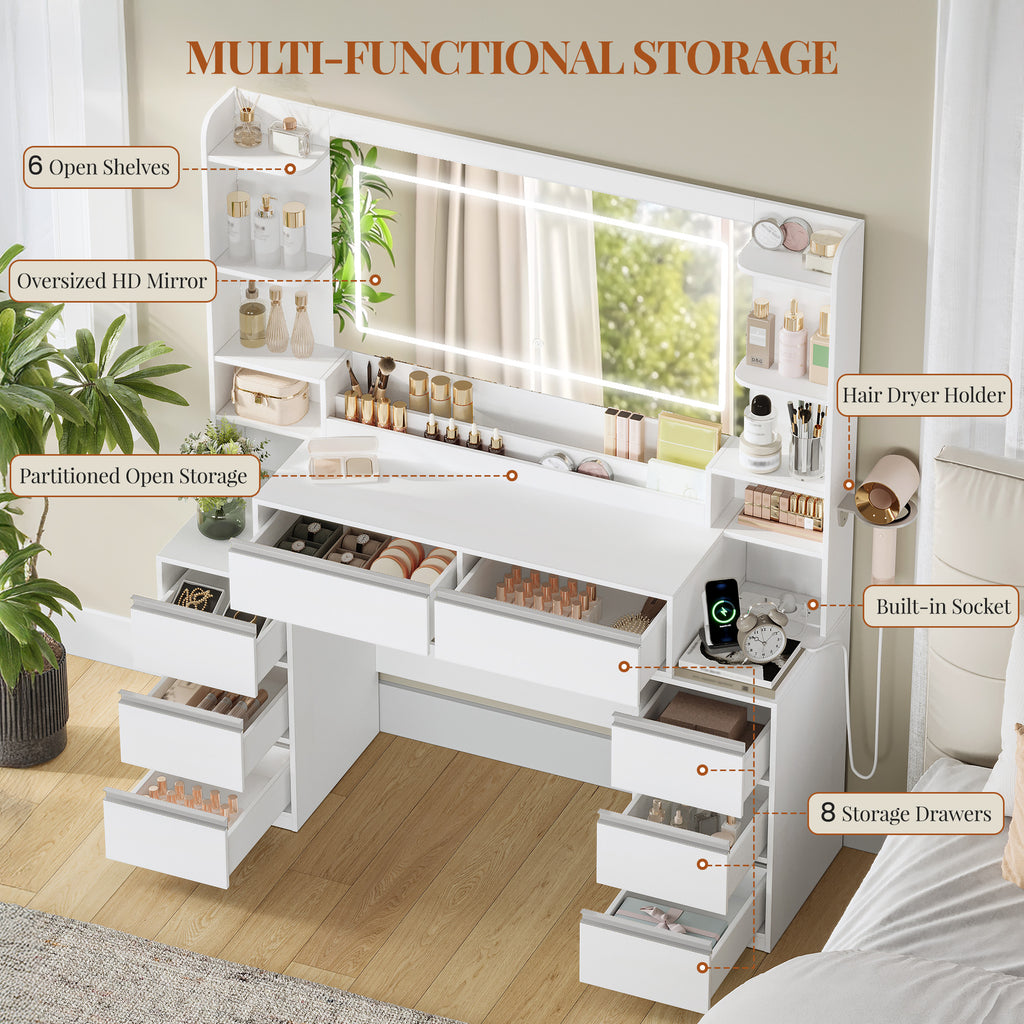 HEXCELEN Vanity Table with Large Mirror, Dressing Table and Hair Dryer Holder, 8 Drawers, Open Compartments, 135 × 40 × 145.2 cm, Modern White and Silver Vanity Table,235103X