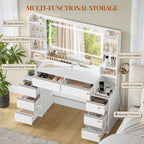 HEXCELEN Vanity Table with Large Mirror, Dressing Table and Hair Dryer Holder, 8 Drawers, Open Compartments, 135 × 40 × 145.2 cm, Modern White and Silver Vanity Table,235103X