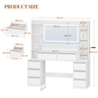 HEXCELEN Vanity Table with Large Mirror, Dressing Table and Hair Dryer Holder, 8 Drawers, Open Compartments, 135 × 40 × 145.2 cm, Modern White and Silver Vanity Table,235103X