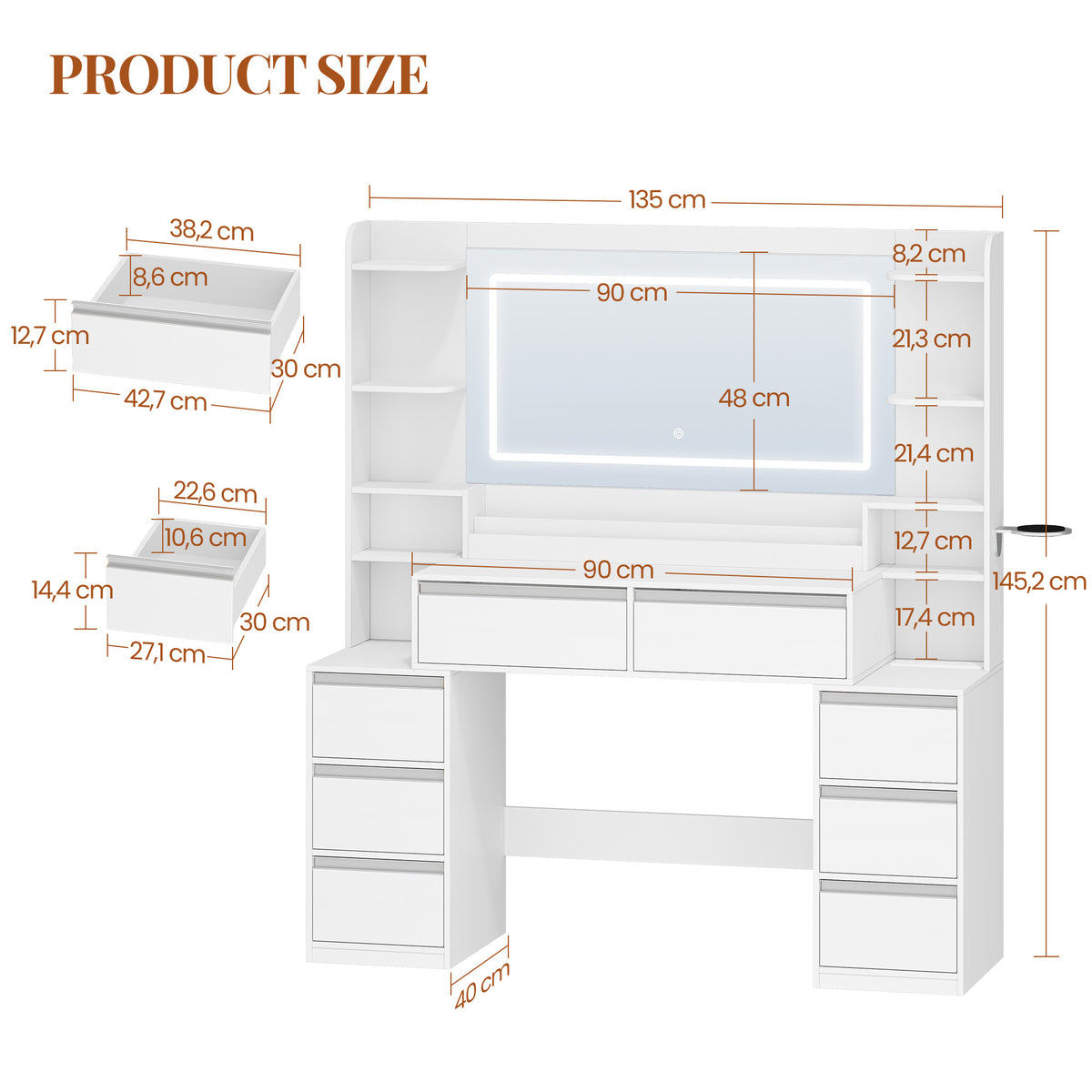 HEXCELEN Vanity Table with Large Mirror, Dressing Table and Hair Dryer Holder, 8 Drawers, Open Compartments, 135 × 40 × 145.2 cm, Modern White and Silver Vanity Table,235103X