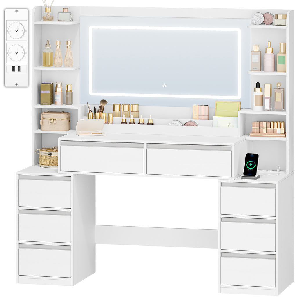 HEXCELEN Vanity Table with Large Mirror, Dressing Table and Hair Dryer Holder, 8 Drawers, Open Compartments, 135 × 40 × 145.2 cm, Modern White and Silver Vanity Table,235103X