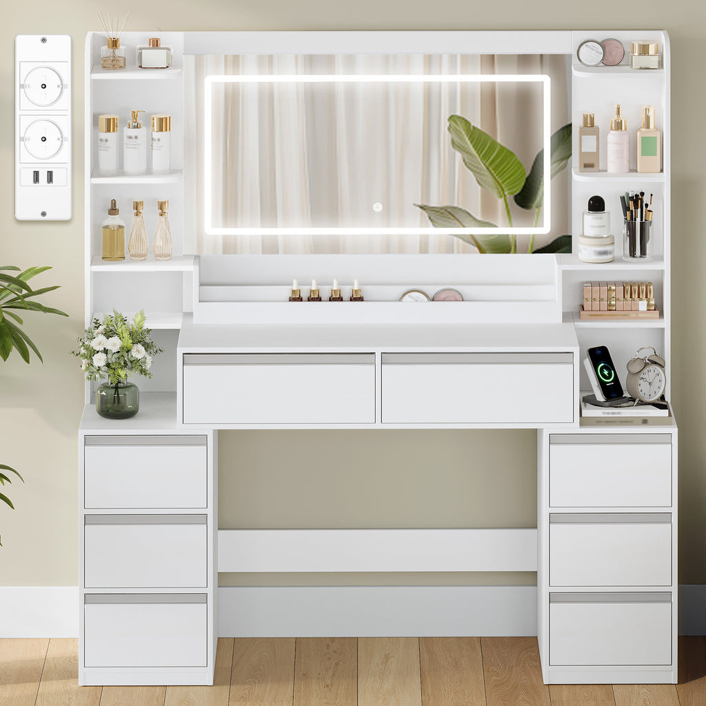 HEXCELEN Vanity Table with Large Mirror, Dressing Table and Hair Dryer Holder, 8 Drawers, Open Compartments, 135 × 40 × 145.2 cm, Modern White and Silver Vanity Table,235103X