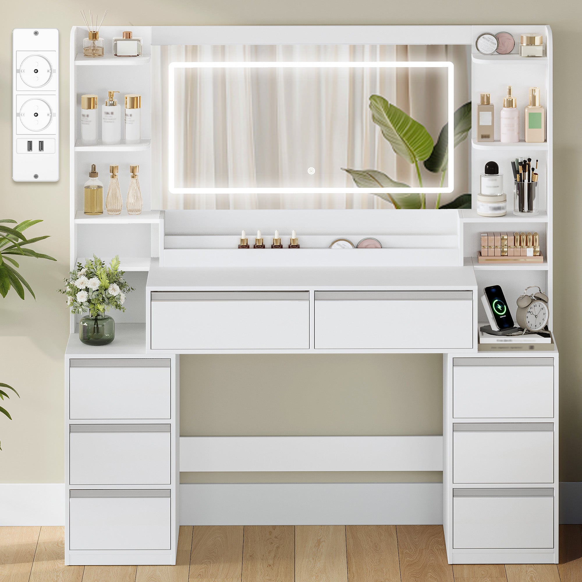 HEXCELEN Vanity Table with Large Mirror, Dressing Table and Hair Dryer Holder, 8 Drawers, Open Compartments, 135 × 40 × 145.2 cm, Modern White and Silver Vanity Table,235103X
