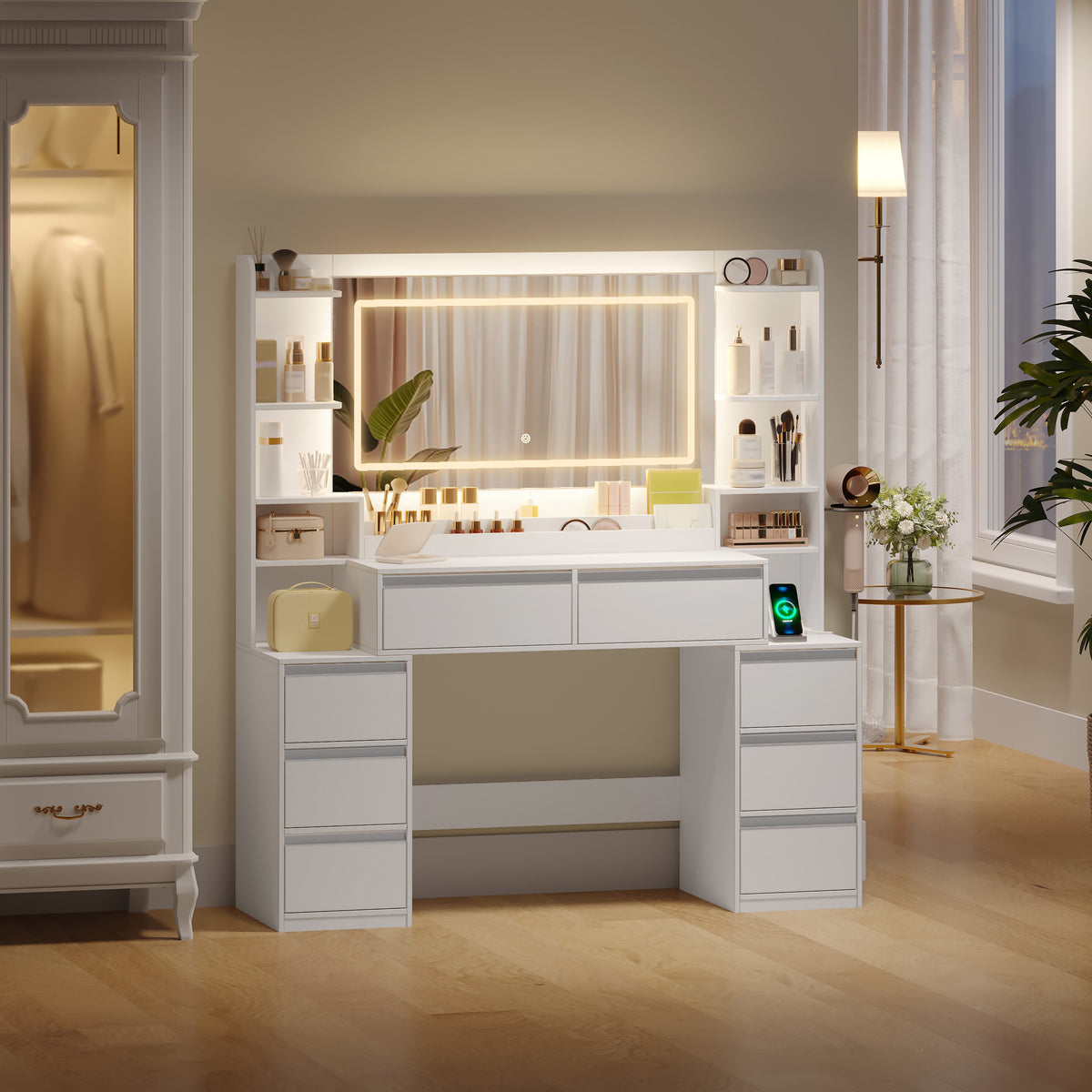 HEXCELEN Vanity Table with Large Mirror, Dressing Table and Hair Dryer Holder, 8 Drawers, Open Compartments, 135 × 40 × 145.2 cm, Modern White and Silver Vanity Table,235103X