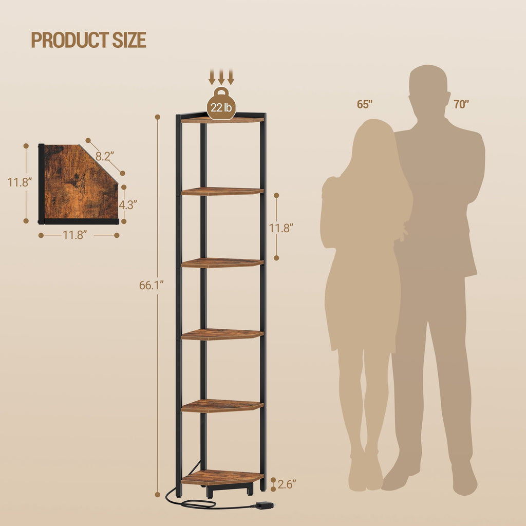 Corner Shelf 6-Tier with LED Light, Tall Narrow Bookshelf with Metal Frame for Small Spaces Living Room Home Office Bedroom, Rustic Brown