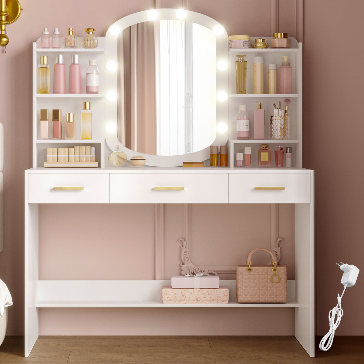 HEXCELEN Dressing Table with Oval Mirror, Vanity Table, Drawers with Open Compartments, for Bedroom and Dressing Room, 40 × 108 × 145.5 cm White,290103X