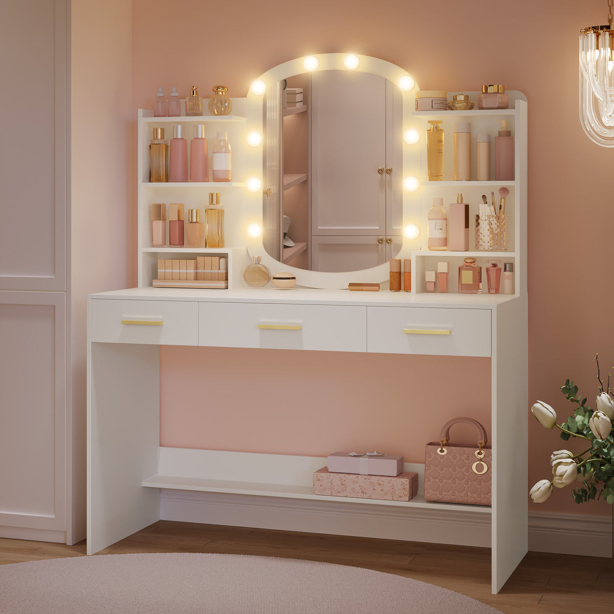 HEXCELEN Dressing Table with Oval Mirror, Vanity Table, Drawers with Open Compartments, for Bedroom and Dressing Room, 40 × 108 × 145.5 cm White,290103X