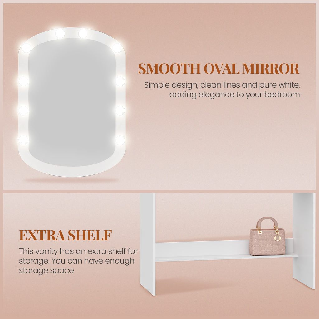 HEXCELEN Dressing Table with Oval Mirror, Vanity Table, Drawers with Open Compartments, for Bedroom and Dressing Room, 40 × 108 × 145.5 cm White,290103X