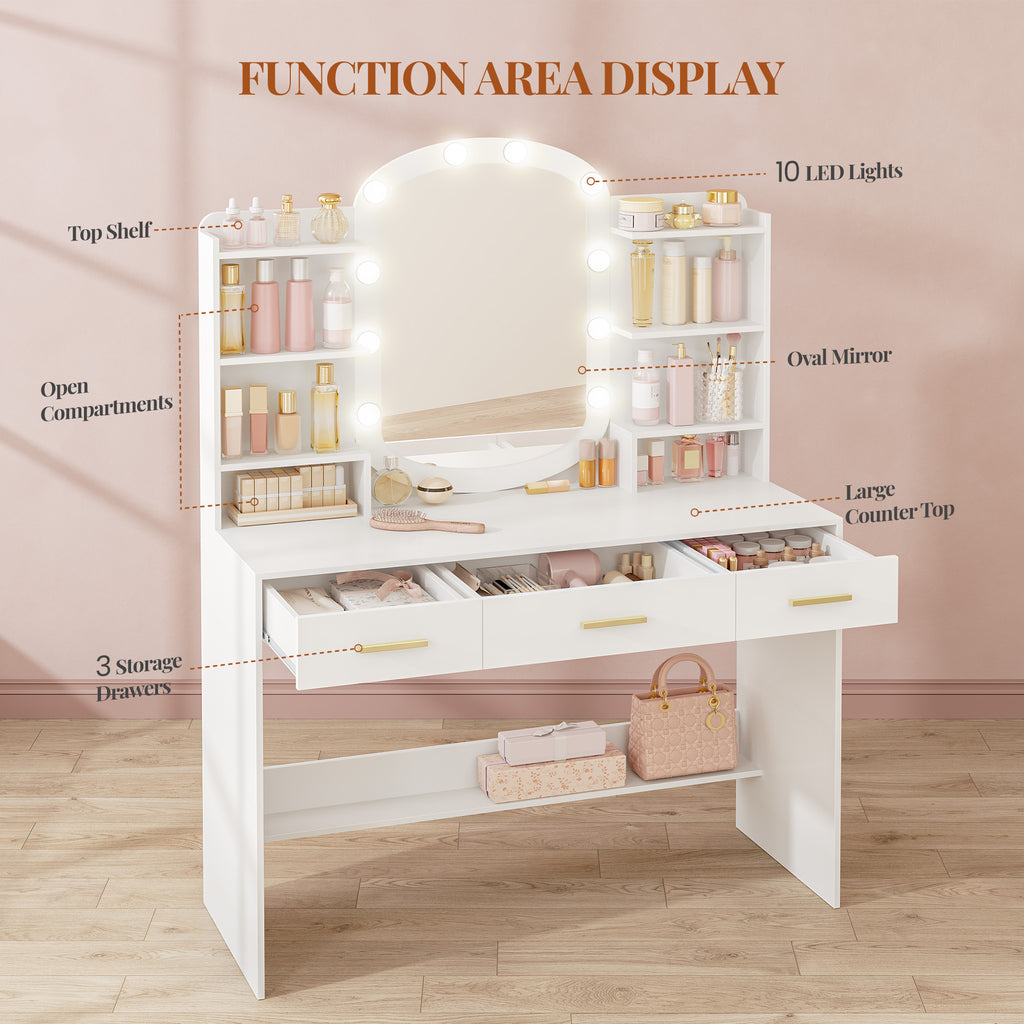 HEXCELEN Dressing Table with Oval Mirror, Vanity Table, Drawers with Open Compartments, for Bedroom and Dressing Room, 40 × 108 × 145.5 cm White,290103X