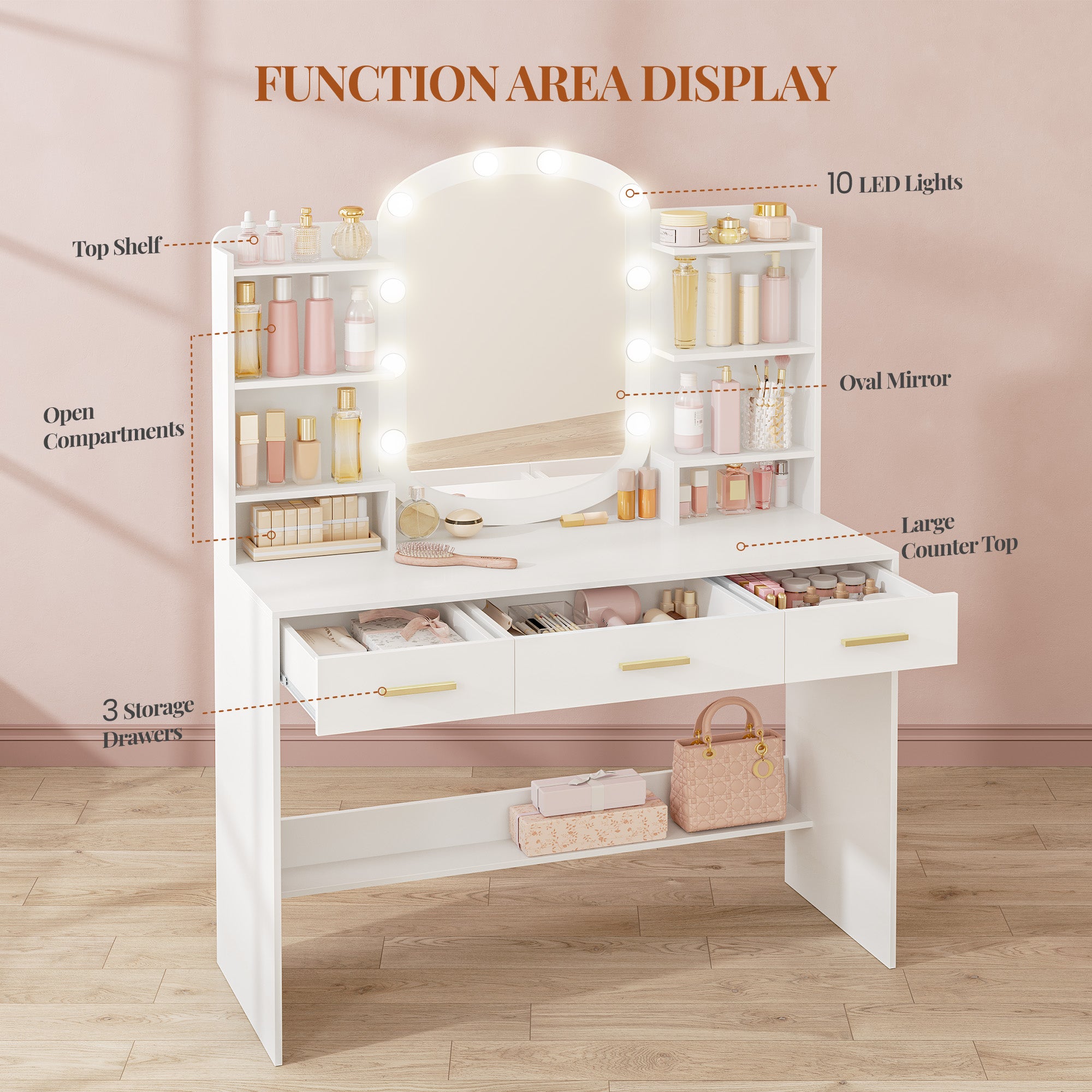 HEXCELEN Dressing Table with Oval Mirror, Vanity Table, Drawers with Open Compartments, for Bedroom and Dressing Room, 40 × 108 × 145.5 cm White,290103X