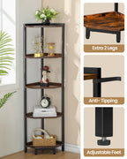 Corner Shelf Stand 5-Tier with Metal Frame, Corner Bookshelf for Living Room Home Office Bedroom, Rustic Brown