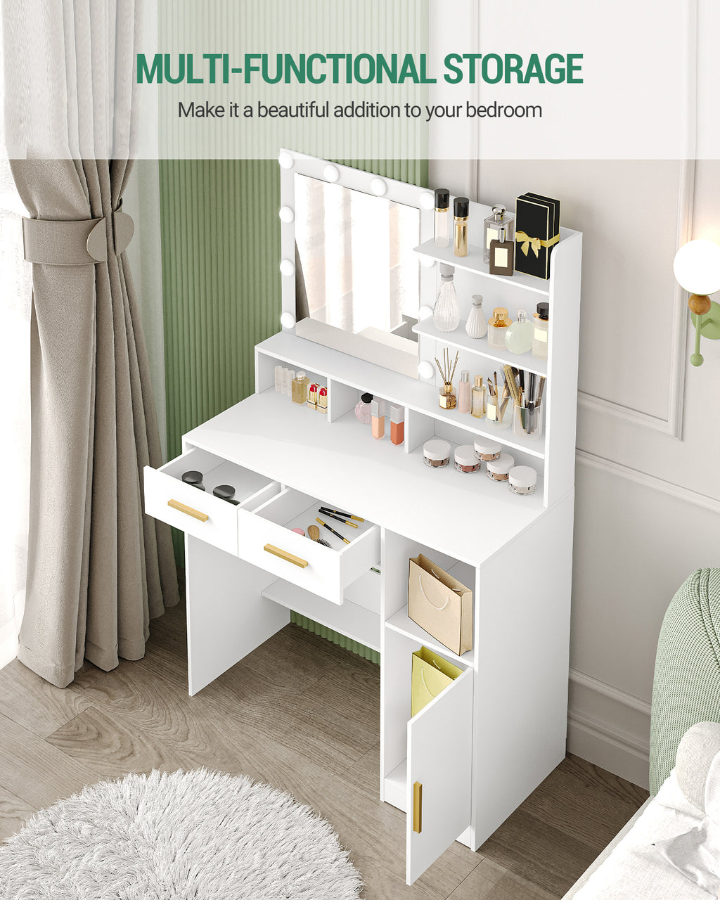 HEXCELEN Dressing Table with LED Lights Mirror, Adjustable Brightness, 2 Drawers & Cabinet, White