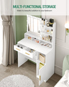 HEXCELEN Dressing Table with LED Lights Mirror, Adjustable Brightness, 2 Drawers & Cabinet, White