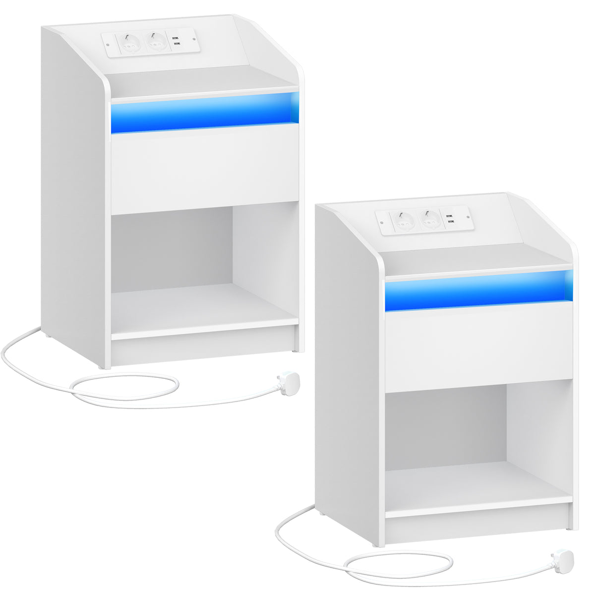 Hzuaneri Bedside Table with LED Light & Charging Station, 2 USB Ports & Outlets, Storage Drawer