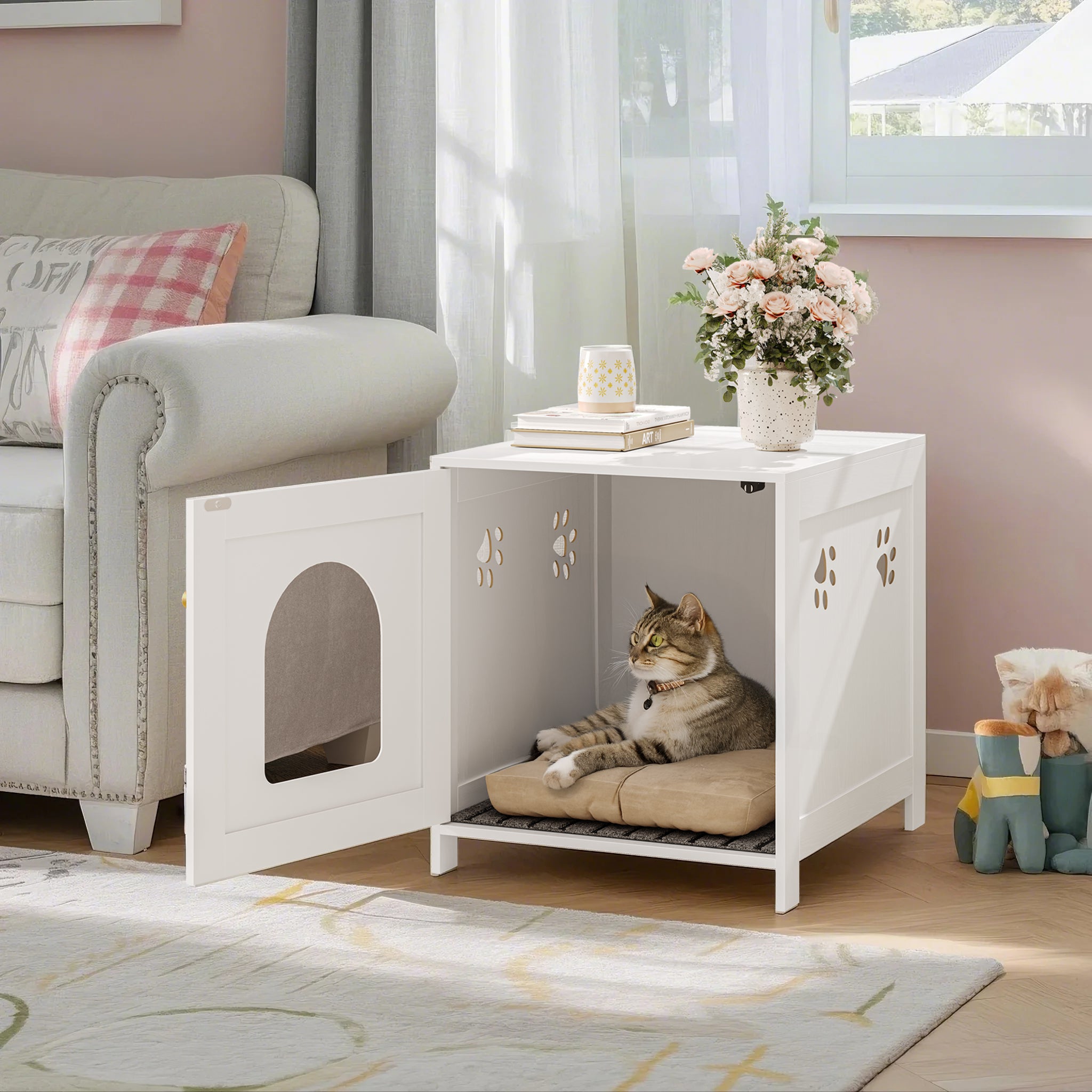 Hzuaneri Cat Litter Box Enclosure, 52 cm L Hidden Litter Box Furniture, Wooden Indoor Pet House with Front Arched Door, Side End Table, Nightstand for Living Room, Bedroom, White CB82213X