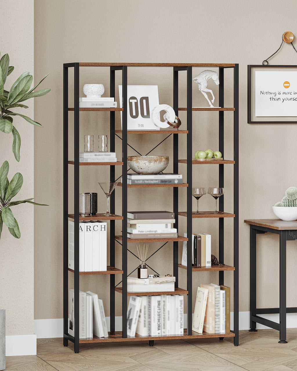 Hzuaneri 6-Level Bookshelf with 15 Adjustable Shelves, Vintage Brown-Black, 30 x 100 x 170 cm