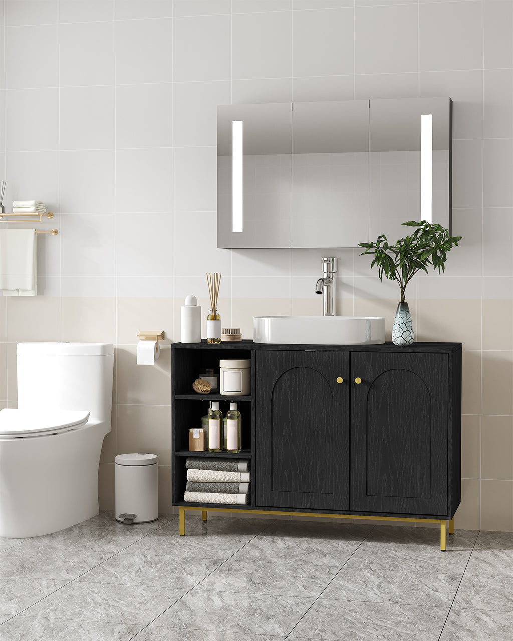Hzuaneri Vanity Unit, Base Cabinet, Washbasin Cabinet, Bathroom Cabinet with 2 Doors, Adjustable Shelf, Ample Storage Space, Modern Style, 30 x 90 x 63 cm, Black BC09804G
