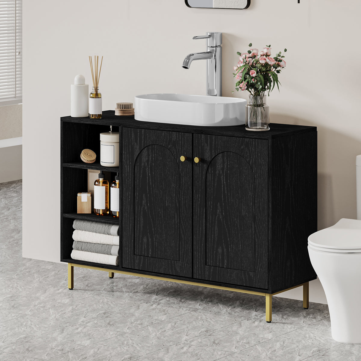 Hzuaneri Vanity Unit, Base Cabinet, Washbasin Cabinet, Bathroom Cabinet with 2 Doors, Adjustable Shelf, Ample Storage Space, Modern Style, 30 x 90 x 63 cm, Black BC09804G
