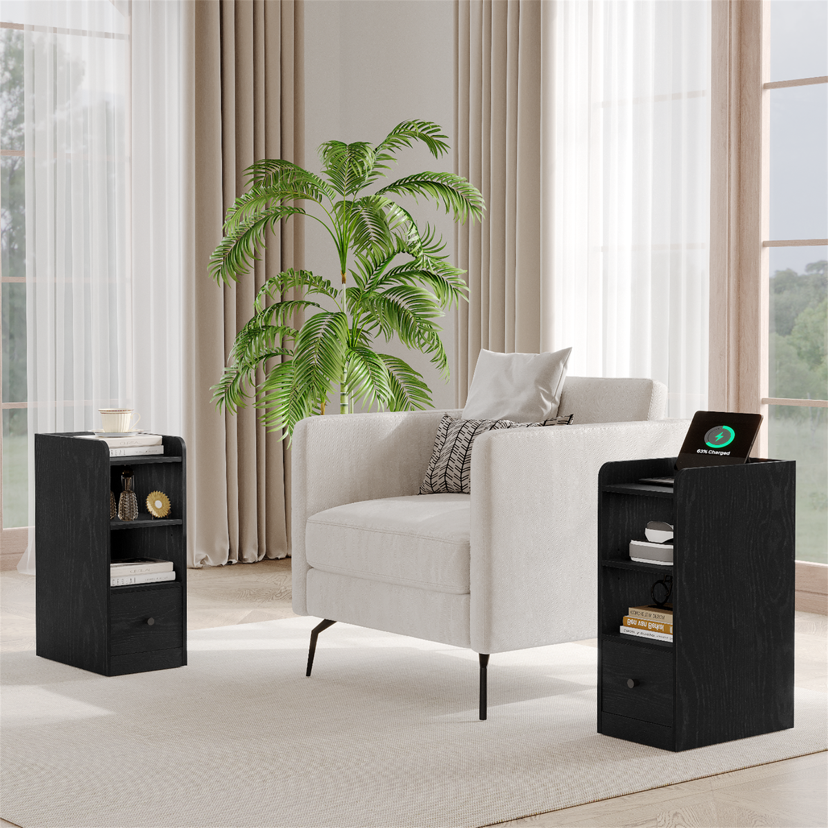 Hzuaneri Nightstands with Charging Station, USB & Type-C Ports, Narrow Side Tables, 3-Tier Storage Space with 1 Drawer—For Bedroom & Living Room, Black NS36404X
