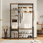 Hzuaneri Hall Tree, Coat Rack with 3-Tier Storage Bench and 1 Drawer, 5-in-1 Entryway Bench with 17 Hooks, 1 Hanging Rod, 4-Tier Side Shelves, Rustic Brown HT03501B