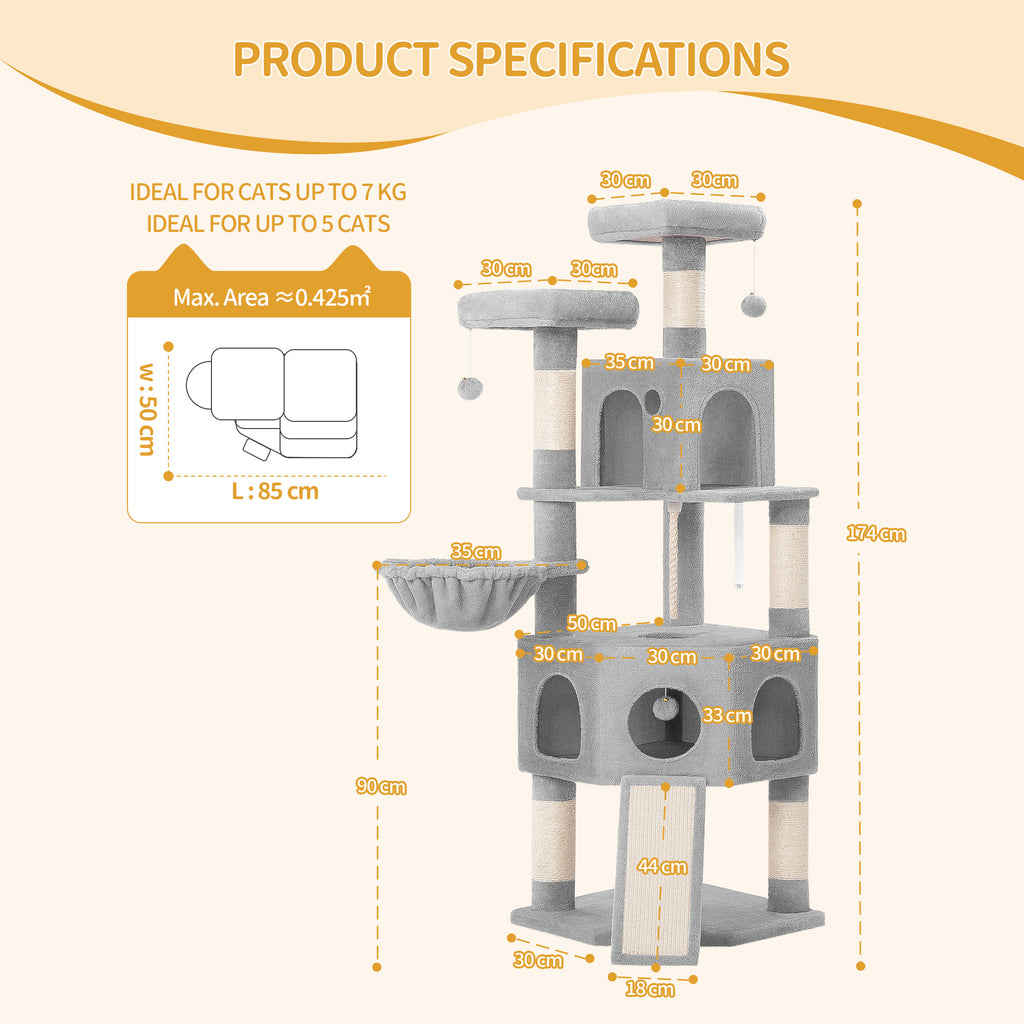 Hzuaneri Cat Tree for Indoor Cats, 174cm Cat Tower for Large Cats, 2 Platforms, 2 Caves, 4 Sisal Posts, Scratching Board, Cat Basket, Sisal Rope, Heavy-Duty for multiple cats, Light Grey MS17418LG