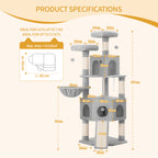 Hzuaneri Cat Tree for Indoor Cats, 174cm Cat Tower for Large Cats, 2 Platforms, 2 Caves, 4 Sisal Posts, Scratching Board, Cat Basket, Sisal Rope, Heavy-Duty for multiple cats, Light Grey MS17418LG