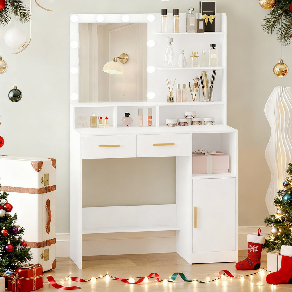 HEXCELEN Dressing Table with LED Lights Mirror, Adjustable Brightness, 2 Drawers & Cabinet, White