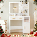 HEXCELEN Dressing Table with LED Lights Mirror, Adjustable Brightness, 2 Drawers & Cabinet, White
