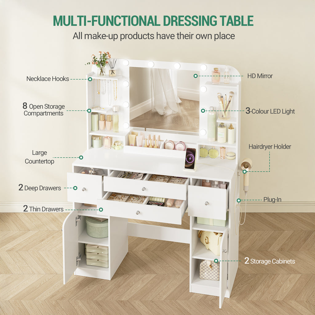 Hzuaneri Dressing Table with LED Lighting with Plug and Hair Dryer Holder, Large Table Top 108 cm, Dressing Table with 2 Large Drawers with Jewellery Tray, 2 Cabinets, 40 x 108 x 144 cm, White DT41503XEU