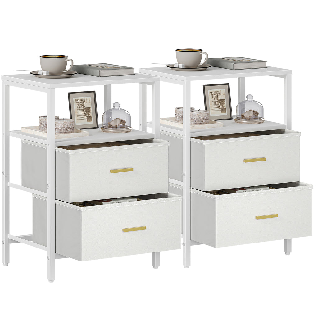 HEXCELEN Bedside Table Set of 2 with 2 Fabric Drawers & Shelf, Nightstand for Bedroom and Living Room, White