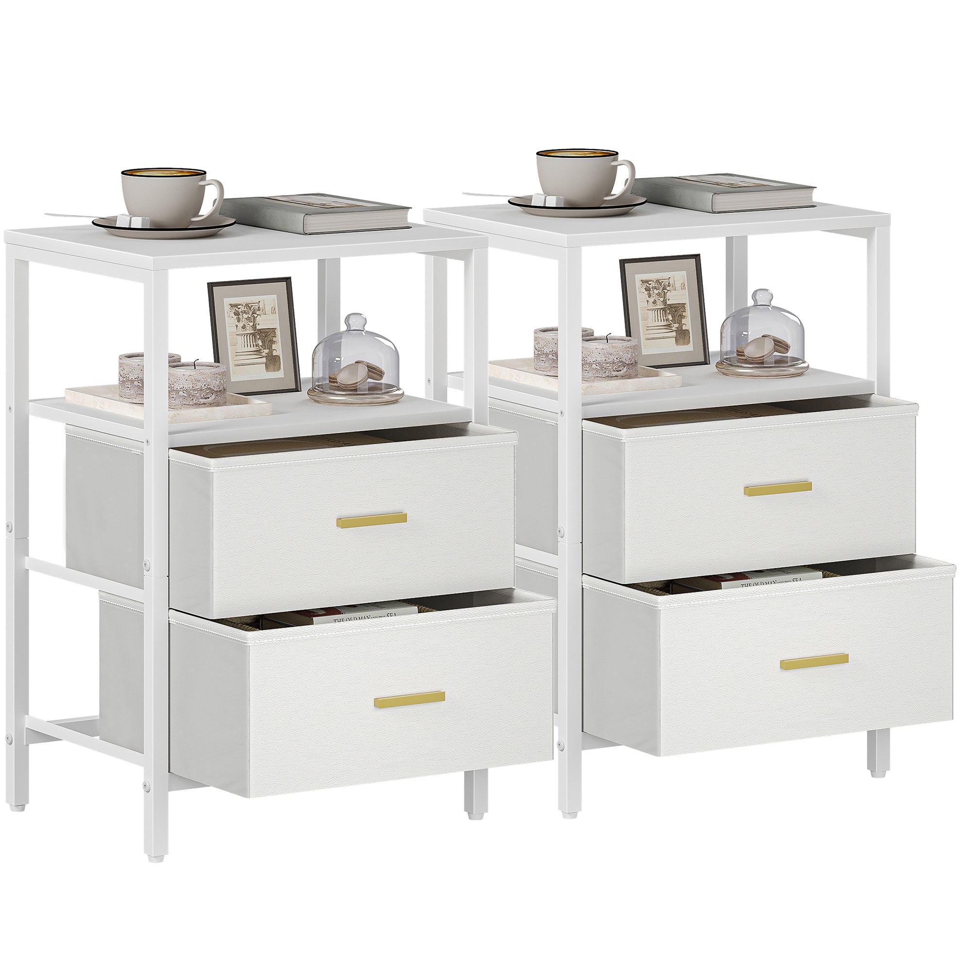 HEXCELEN Bedside Table Set of 2 with 2 Fabric Drawers & Shelf, Nightstand for Bedroom and Living Room, White