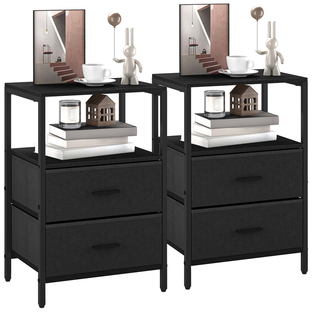 HEXCELEN Bedside Table Set of 2 with 2 Fabric Drawers & Shelf, Nightstand for Bedroom and Living Room, Black