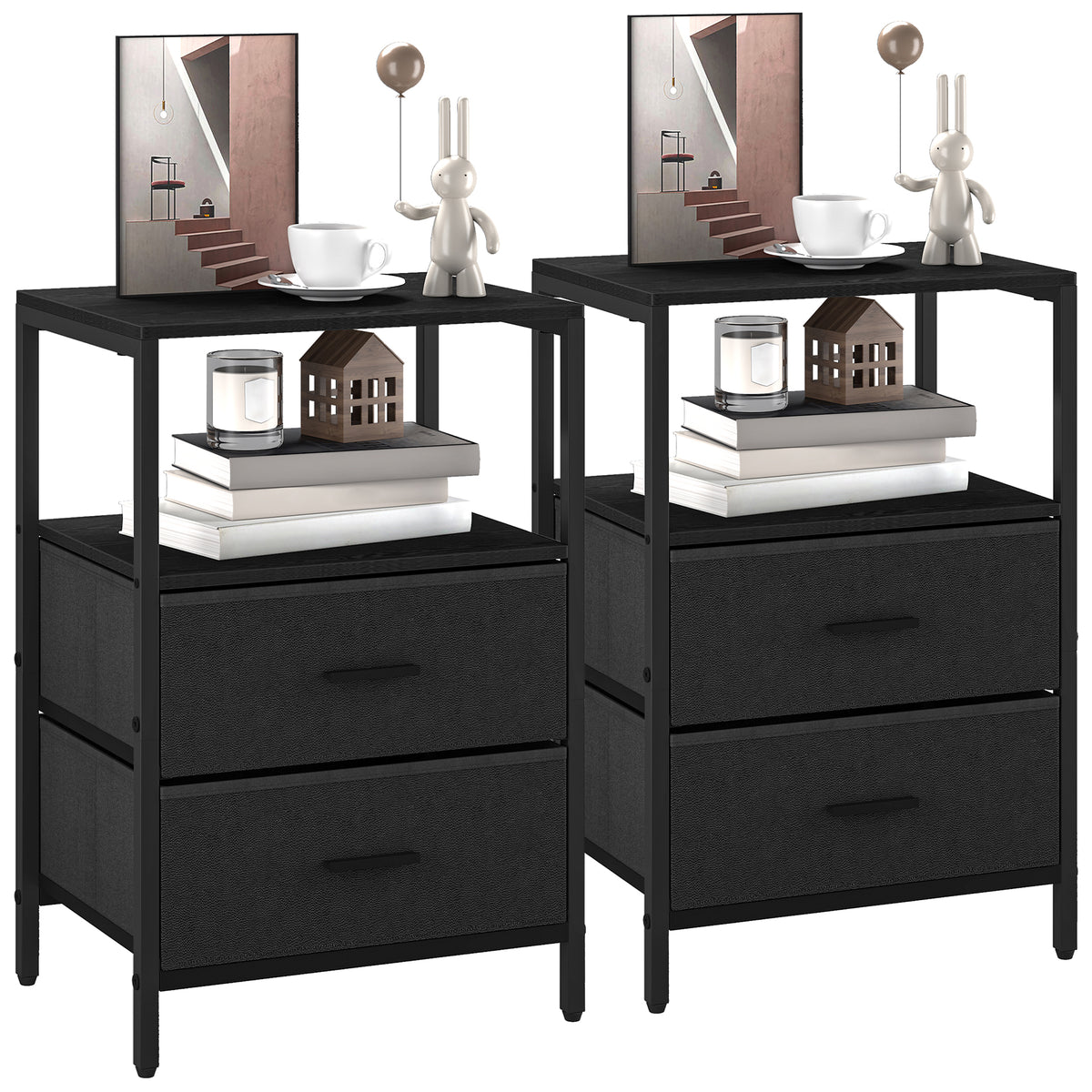 HEXCELEN Bedside Table Set of 2 with 2 Fabric Drawers & Shelf, Nightstand for Bedroom and Living Room, Black