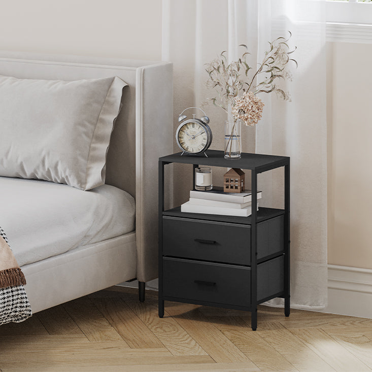 HEXCELEN Bedside Table Set of 2 with 2 Fabric Drawers & Shelf, Nightstand for Bedroom and Living Room, Black